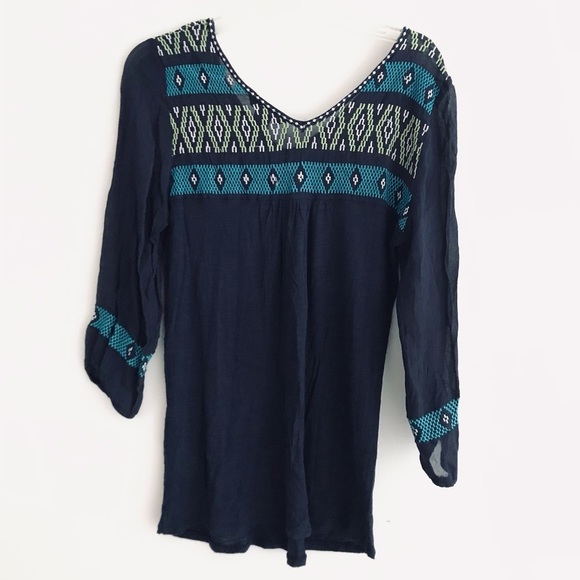 Lucky Brand | Aztec Print Pullover Top Womens Small Blue V-neck Sheer Size S - Picture 2 of 13